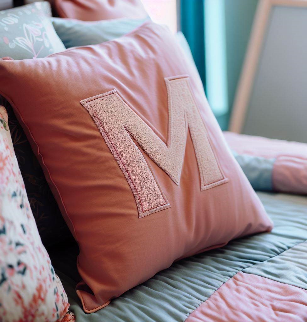 pillow with an M - Decoration Ideas for Teenage Girls Room With Curtains & Bedding