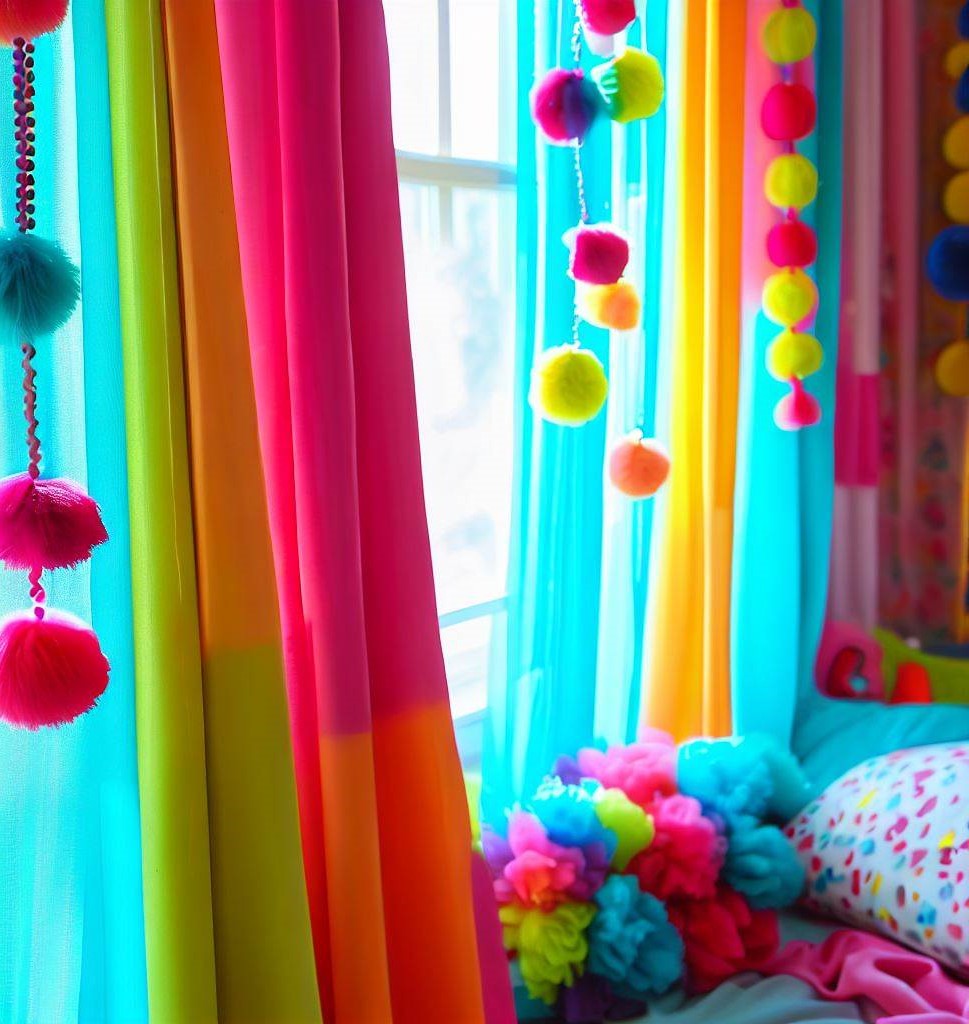 colorful pompom curtains - Decoration Ideas for Teenage Girls Room With Curtains & Bedding