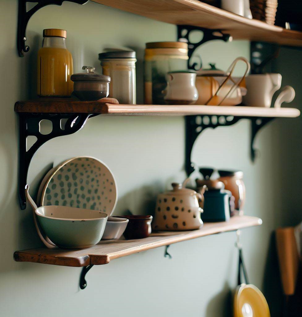 wall mounted shelves Very Small Kitchen Ideas on a Budget