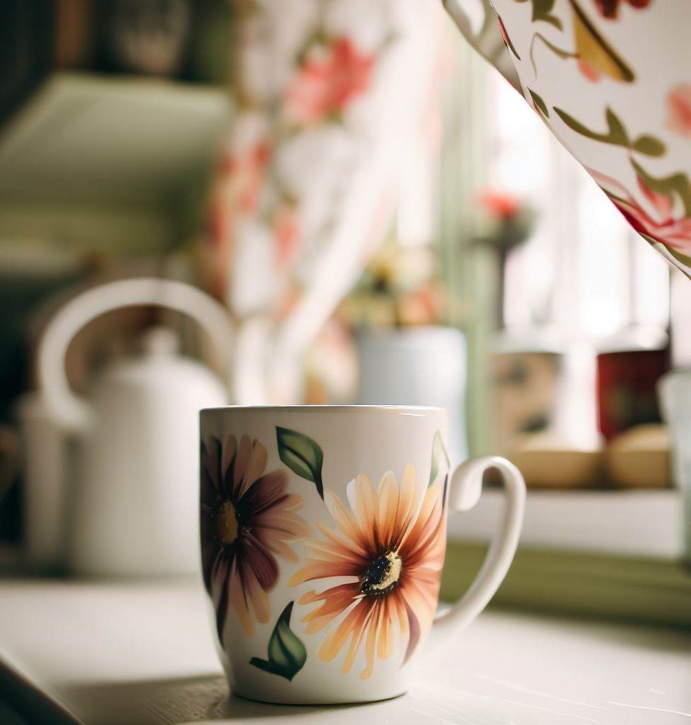flower mug and curtains - Very Small Kitchen Ideas on a Budget